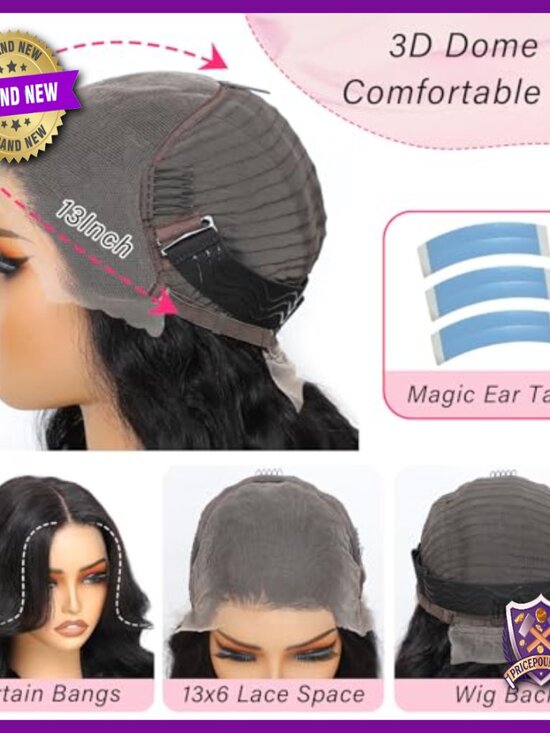 Human Hair Loose Body Wave Wig with Curtain Bangs, Glueless, 22 Inch